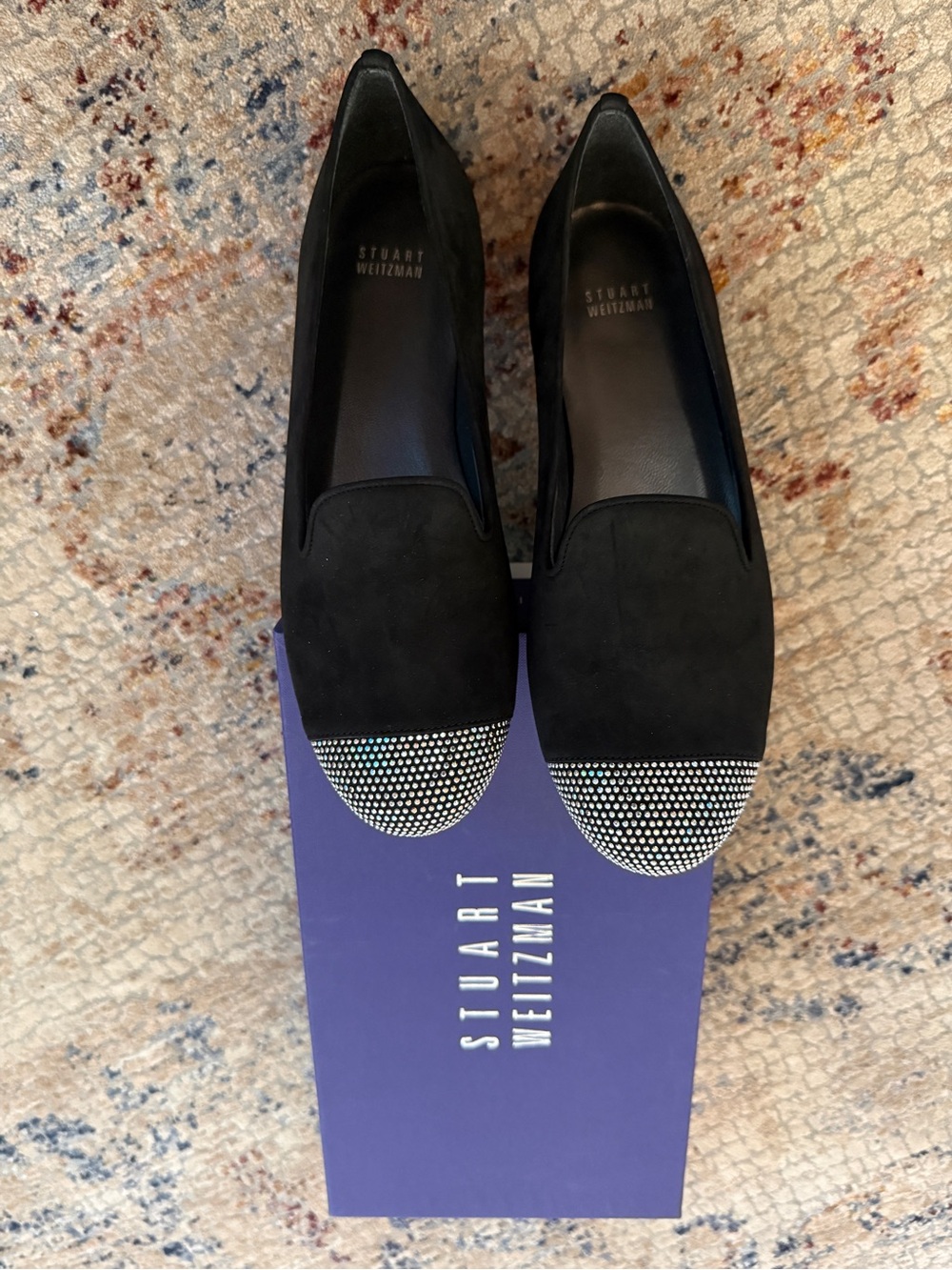 Stuart Weitzman Black Suede Loafers with Silver Crystal Toe